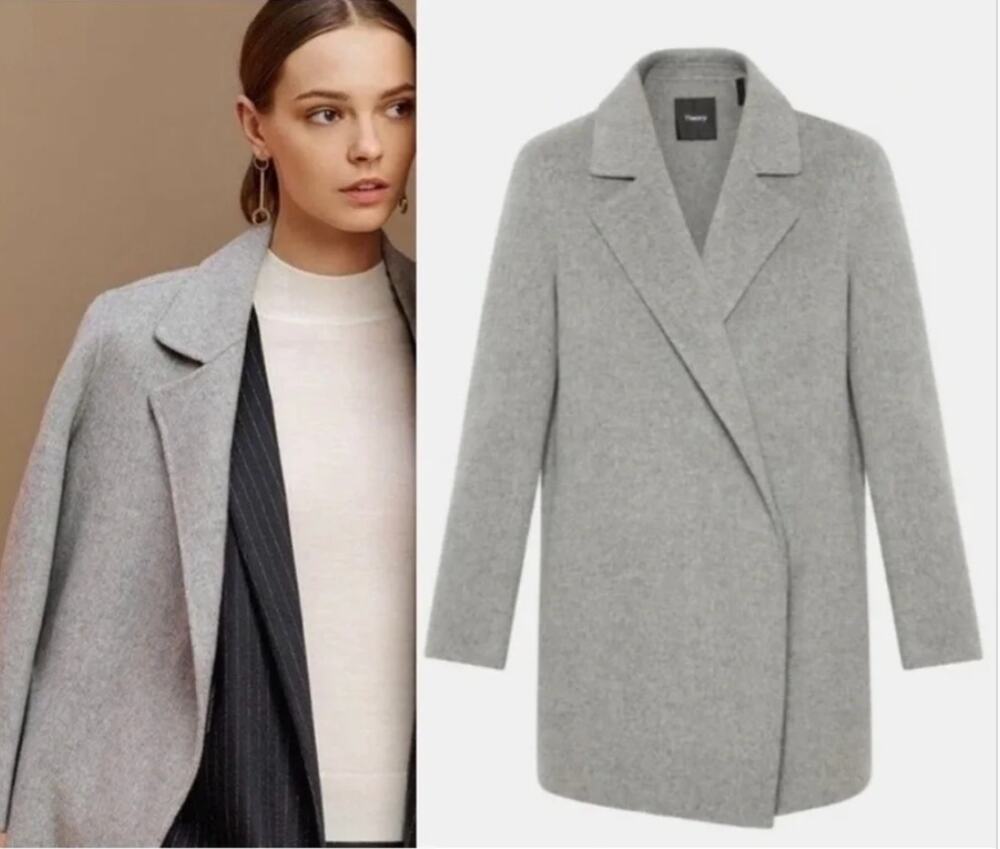 Theory Sileena New Divide Luxe Wool Cashmere Coat Blazer Grey Melange Medium